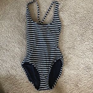 One piece, striped navy blue & white bathing suit